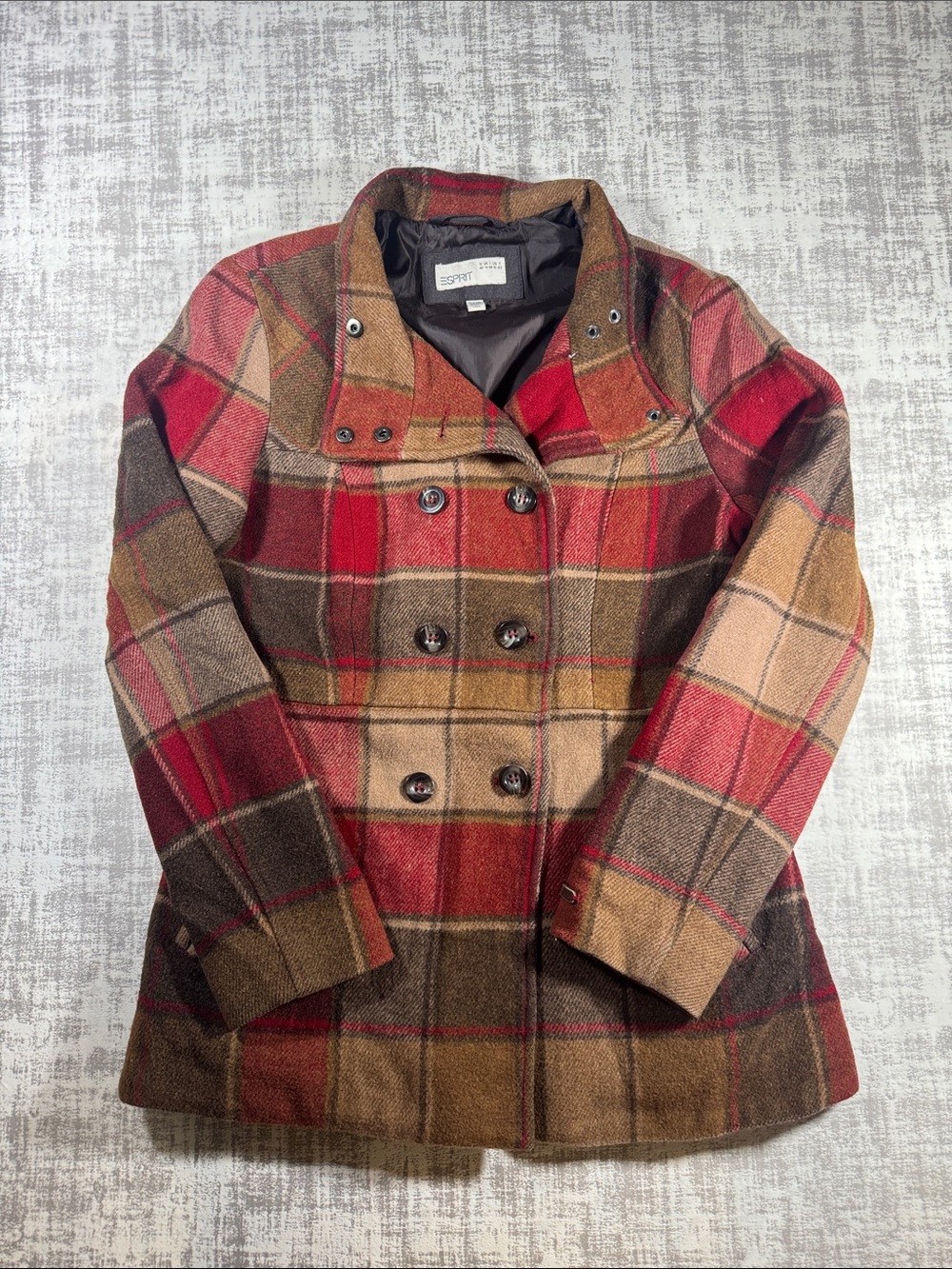 vintage Esprit red and brown plaid wool pea coat size US10 27X18.5PTP